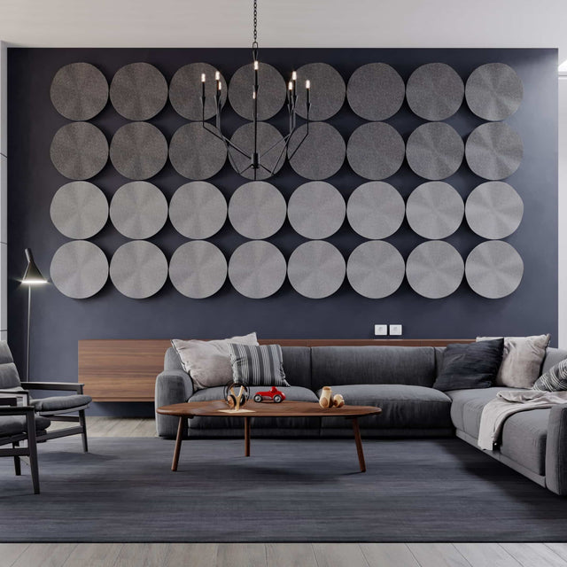 A series of Flutter Acoustic Wall Panels installed in a simple 8 x 4 linear grid pattern in a modern living space.